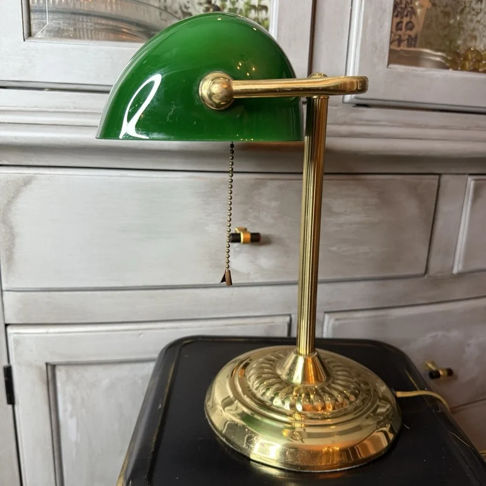 Vintage Bankers Desk Lamp Emerald Green Glass Shade and Column Underwriters Lab